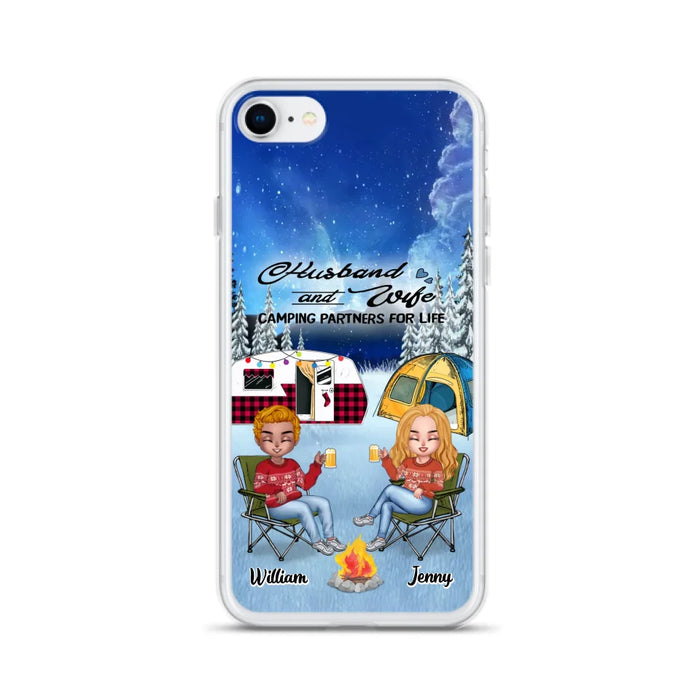 Custom Personalized Camping Couple Xmas Phone Case - Christmas Gift For Couple/ Camping Lover/ Dog Lover - Couple With Upto 4 Dogs - Husband And Wife Camping Partners For Life - Case For iPhone And Samsung