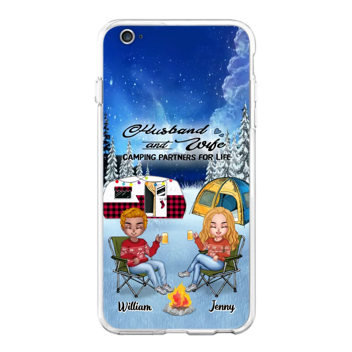 Custom Personalized Camping Couple Xmas Phone Case - Christmas Gift For Couple/ Camping Lover/ Dog Lover - Couple With Upto 4 Dogs - Husband And Wife Camping Partners For Life - Case For iPhone And Samsung