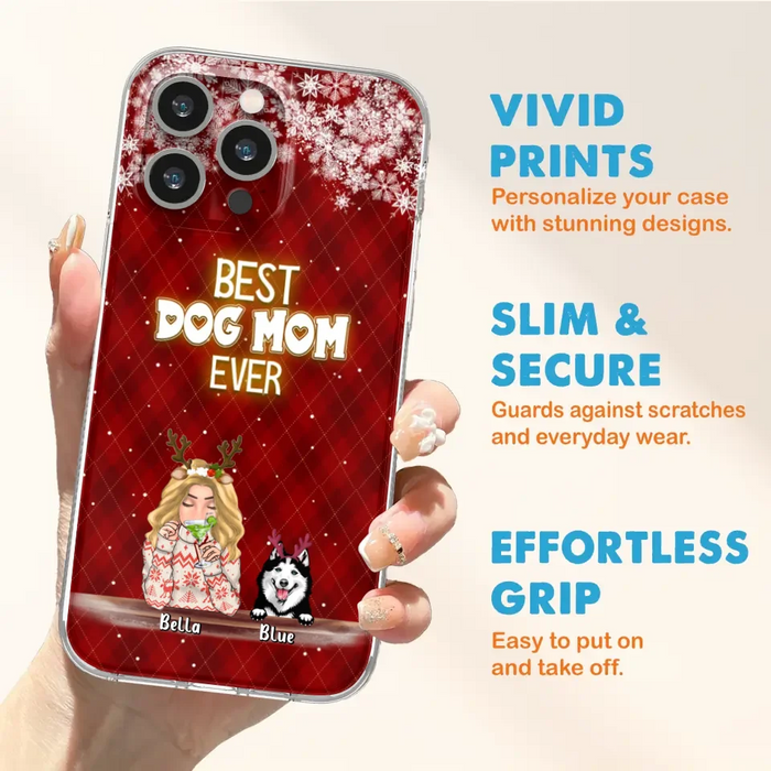 Custom Personalized Christmas Dog Mom Phone Case - Upto 5 Dogs - Christmas Gift Idea For Dog Mom/ Dog Lover - Best Dog Mom Ever - Case For iPhone And Samsung