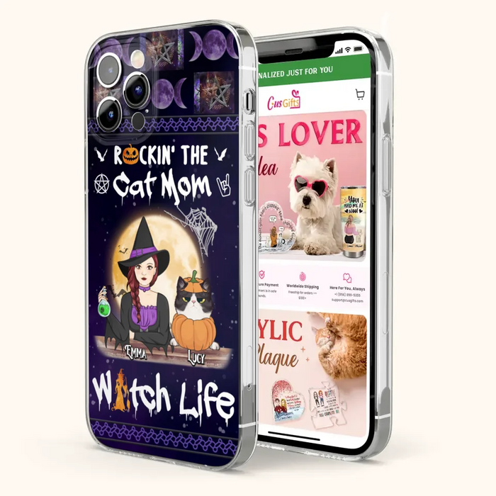 Custom Personalized Pet Witch Phone Case - Up to 4 Pets - Halloween Gift For Dog/ Cat Lover - Rockin' The Cat Mom & Witch Life - Case For iPhone And Samsung