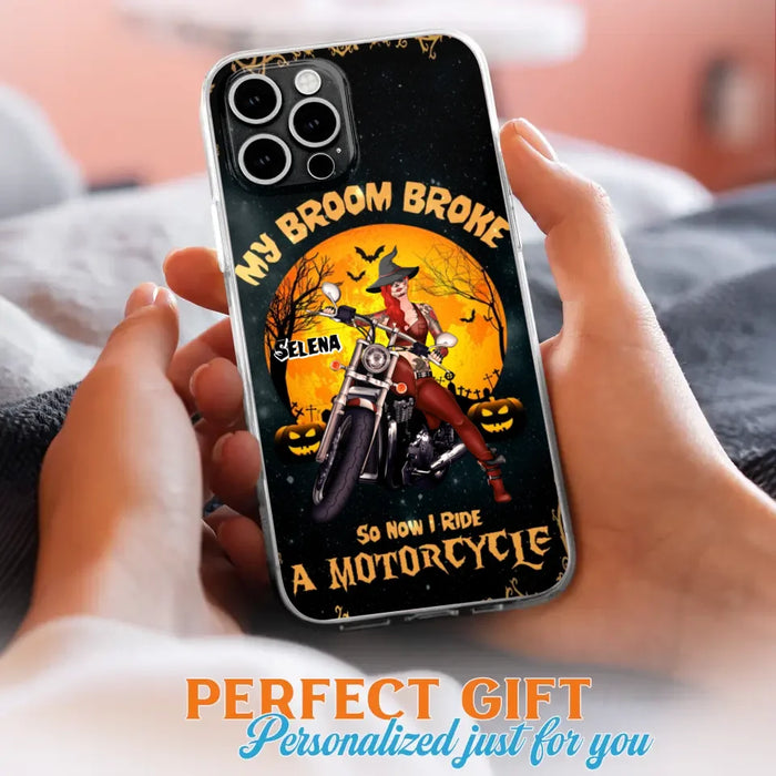 Custom Personalized Witch Phone Case - Upto 4 Dogs - Halloween Gifts For Friends/Dog Lovers  - My Broom Broke So Now I Ride A Motorcycle - Case For iPhone/Samsung