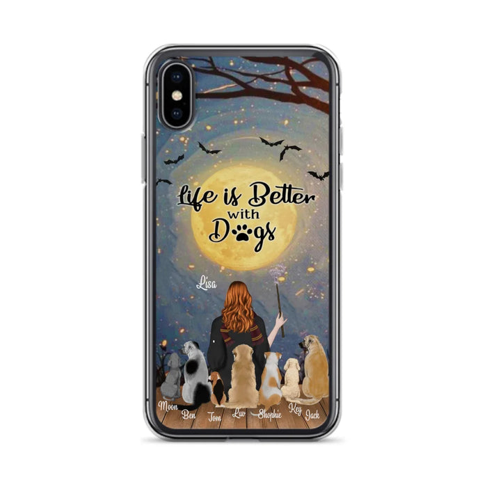 Custom Personalized Witch Phone Case - Upto 7 Dogs - Gift For Dog Lovers - Life Is Better With Dogs