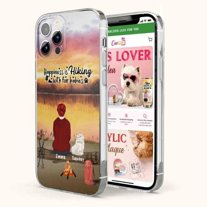 Custom Personalized Hiking Phone Case - Man/ Woman/ Couple With Upto 4 Pets - Gift For Cat/ Dog Lover - Happiness Is Hiking With Fur Babies - Case For iPhone And Samsung