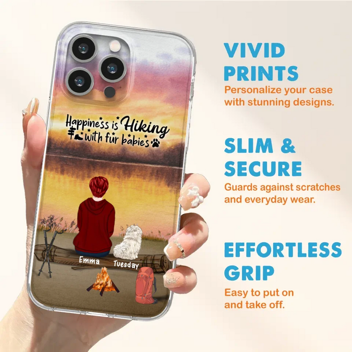 Custom Personalized Hiking Phone Case - Man/ Woman/ Couple With Upto 4 Pets - Gift For Cat/ Dog Lover - Happiness Is Hiking With Fur Babies - Case For iPhone And Samsung