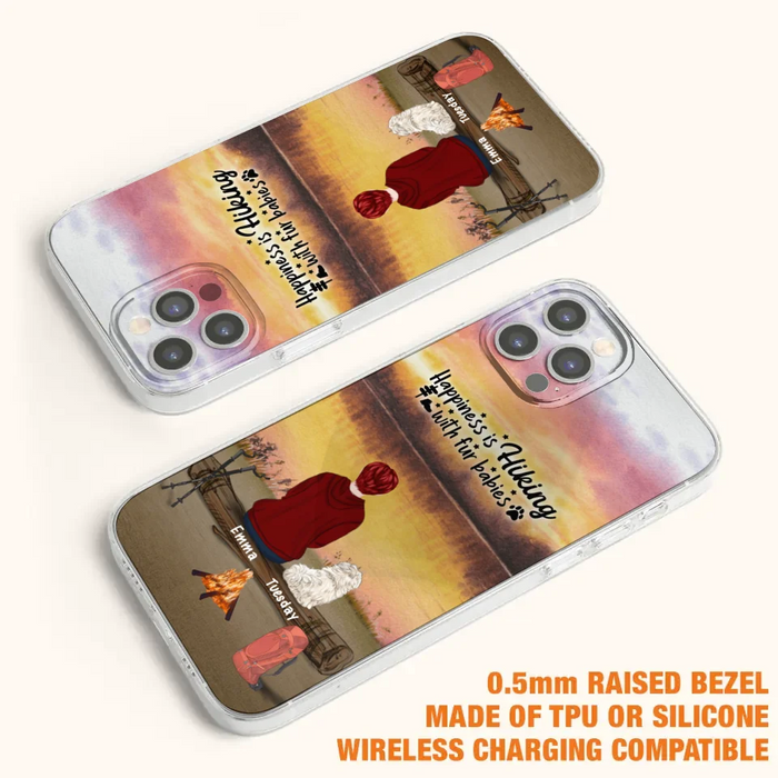 Custom Personalized Hiking Phone Case - Man/ Woman/ Couple With Upto 4 Pets - Gift For Cat/ Dog Lover - Happiness Is Hiking With Fur Babies - Case For iPhone And Samsung