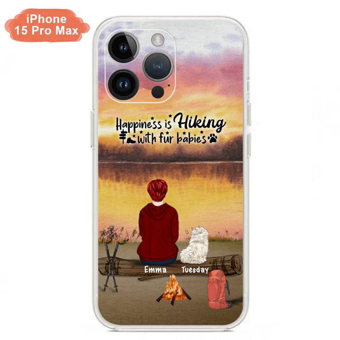 Custom Personalized Hiking Phone Case - Man/ Woman/ Couple With Upto 4 Pets - Gift For Cat/ Dog Lover - Happiness Is Hiking With Fur Babies - Case For iPhone And Samsung