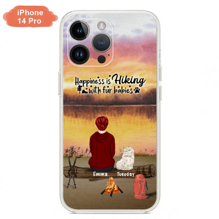 Custom Personalized Hiking Phone Case - Man/ Woman/ Couple With Upto 4 Pets - Gift For Cat/ Dog Lover - Happiness Is Hiking With Fur Babies - Case For iPhone And Samsung