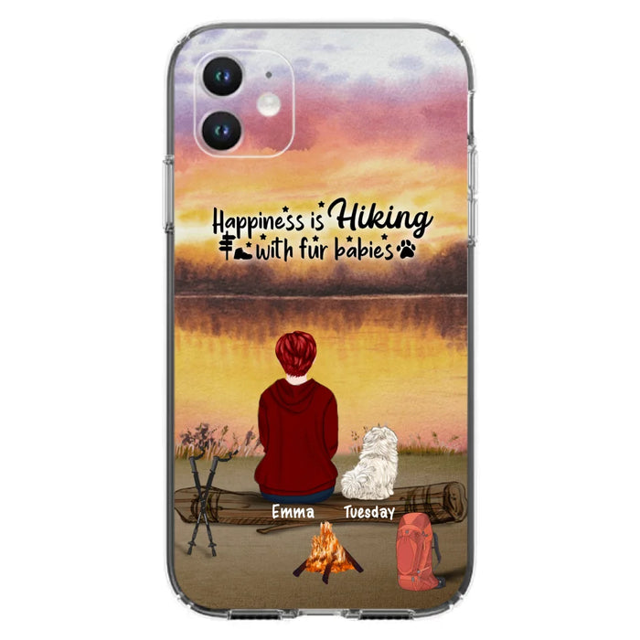 Custom Personalized Hiking Phone Case - Man/ Woman/ Couple With Upto 4 Pets - Gift For Cat/ Dog Lover - Happiness Is Hiking With Fur Babies - Case For iPhone And Samsung