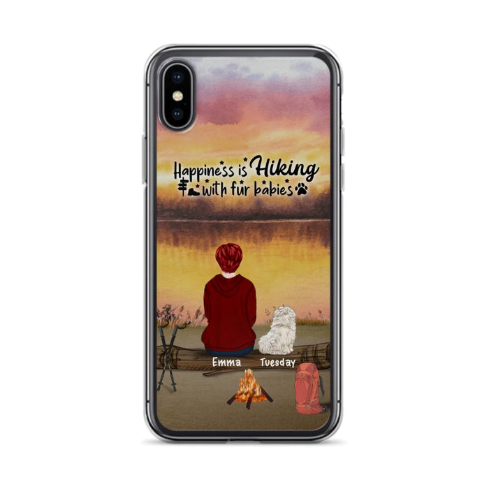 Custom Personalized Hiking Phone Case - Man/ Woman/ Couple With Upto 4 Pets - Gift For Cat/ Dog Lover - Happiness Is Hiking With Fur Babies - Case For iPhone And Samsung