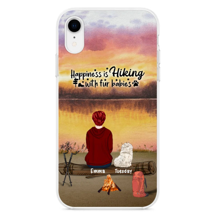 Custom Personalized Hiking Phone Case - Man/ Woman/ Couple With Upto 4 Pets - Gift For Cat/ Dog Lover - Happiness Is Hiking With Fur Babies - Case For iPhone And Samsung