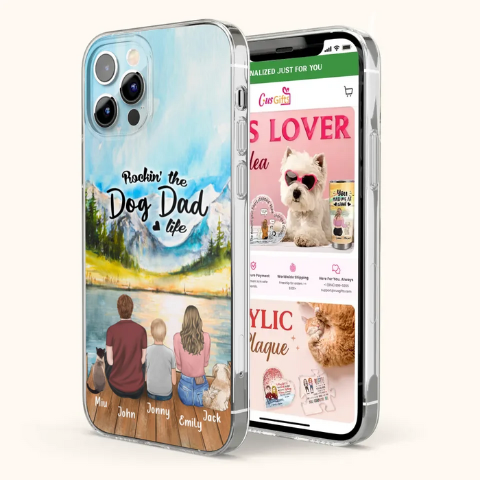 Custom Personalized Pet Couple Phone Case - Parent With 1 Kid And 2 Pets - Case For iPhone And Samsung