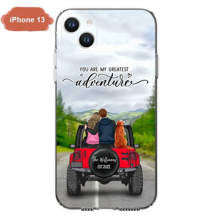 Custom Personalized Off-Road Couple Phone Case - Couple With Upto 4 Dogs- Gift Idea For Couple/ Dog Lover - You Are My Greatest Adventure - Case For iPhone And Samsung