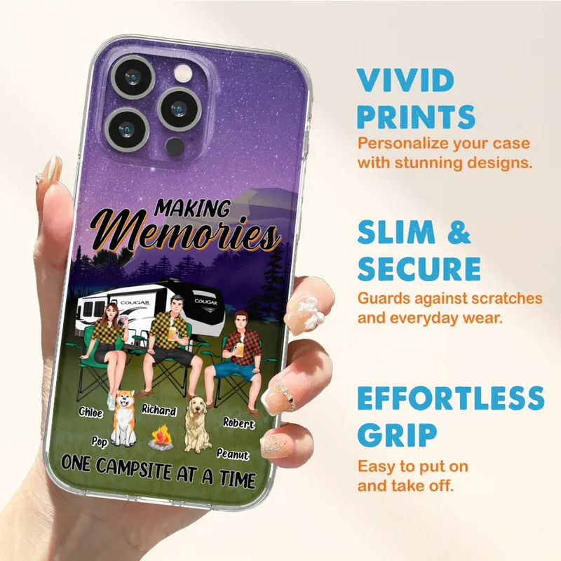 Custom Personalized Camping Phone Case - Gift Idea For Camping Lover/ Friends/ Couple - Upto 3 People And 2 Dogs - Making Memories One Campsite At A Time - Case For iPhone And Samsung