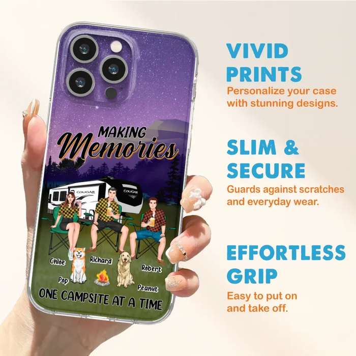 Custom Personalized Camping Phone Case - Gift Idea For Camping Lover/ Friends/ Couple - Upto 3 People And 2 Dogs - Making Memories One Campsite At A Time - Case For iPhone And Samsung