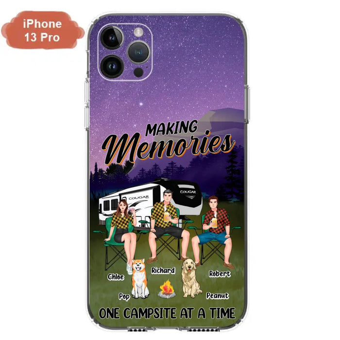 Custom Personalized Camping Phone Case - Gift Idea For Camping Lover/ Friends/ Couple - Upto 3 People And 2 Dogs - Making Memories One Campsite At A Time - Case For iPhone And Samsung