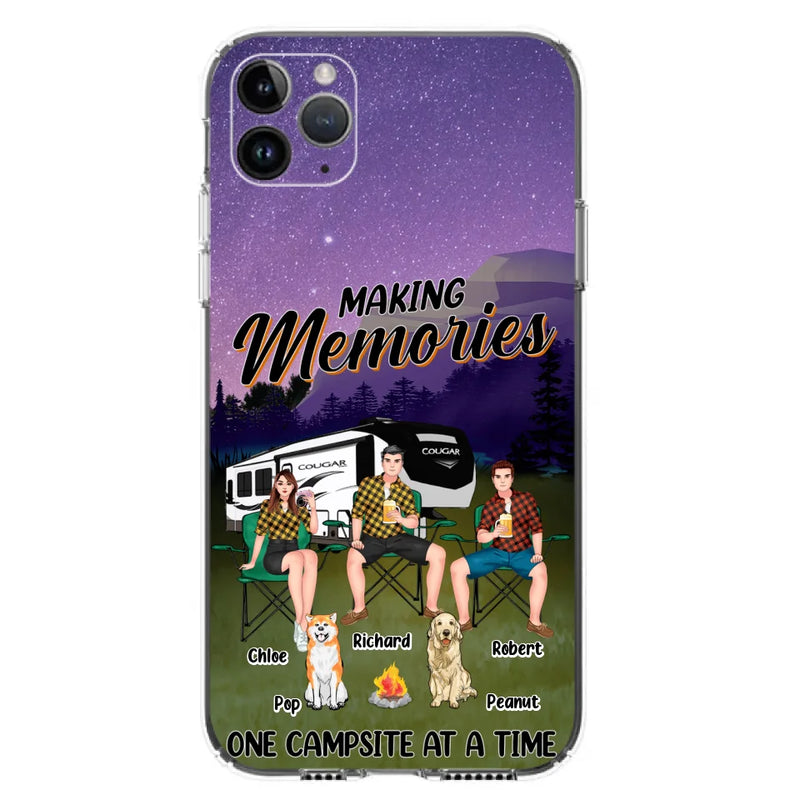 Custom Personalized Camping Phone Case - Gift Idea For Camping Lover/ Friends/ Couple - Upto 3 People And 2 Dogs - Making Memories One Campsite At A Time - Case For iPhone And Samsung