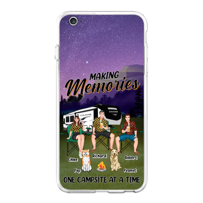 Custom Personalized Camping Phone Case - Gift Idea For Camping Lover/ Friends/ Couple - Upto 3 People And 2 Dogs - Making Memories One Campsite At A Time - Case For iPhone And Samsung