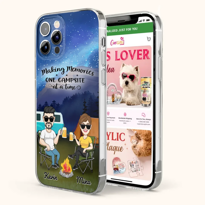 Custom Personalized Night Camping Phone Case - Couple With Up to 3 Dogs - Gift For Couple/ Camping Lover - Making Memories One Campsite At A Time - Case For iPhone And Samsung