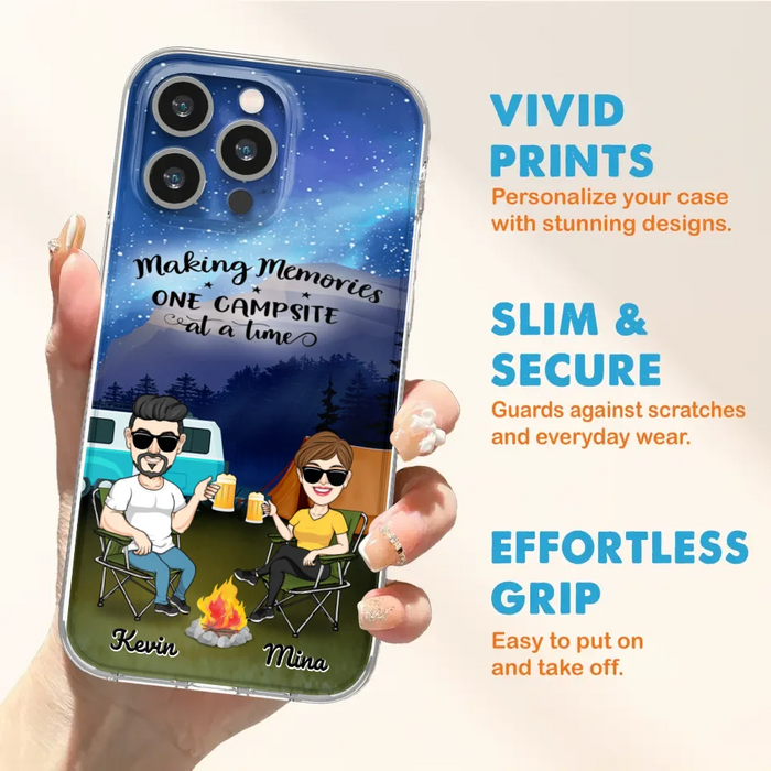 Custom Personalized Night Camping Phone Case - Couple With Up to 3 Dogs - Gift For Couple/ Camping Lover - Making Memories One Campsite At A Time - Case For iPhone And Samsung