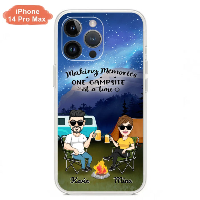 Custom Personalized Night Camping Phone Case - Couple With Up to 3 Dogs - Gift For Couple/ Camping Lover - Making Memories One Campsite At A Time - Case For iPhone And Samsung