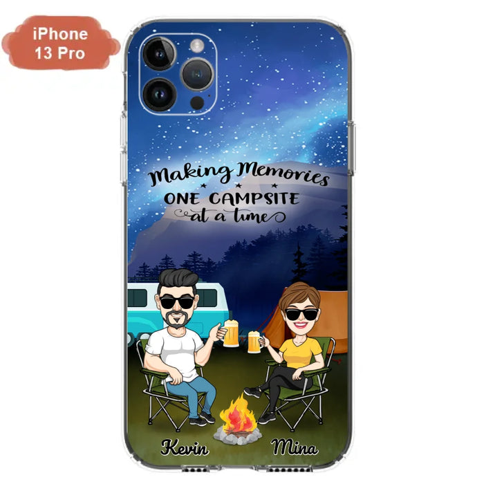 Custom Personalized Night Camping Phone Case - Couple With Up to 3 Dogs - Gift For Couple/ Camping Lover - Making Memories One Campsite At A Time - Case For iPhone And Samsung