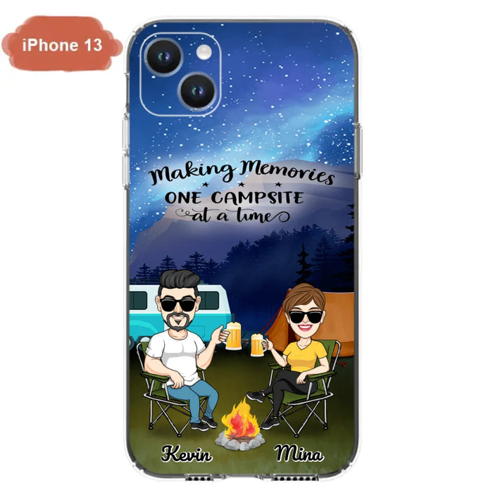 Custom Personalized Night Camping Phone Case - Couple With Up to 3 Dogs - Gift For Couple/ Camping Lover - Making Memories One Campsite At A Time - Case For iPhone And Samsung