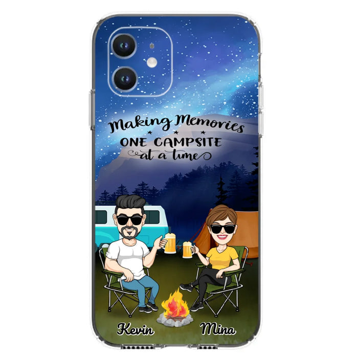 Custom Personalized Night Camping Phone Case - Couple With Up to 3 Dogs - Gift For Couple/ Camping Lover - Making Memories One Campsite At A Time - Case For iPhone And Samsung