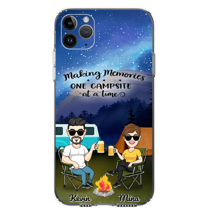 Custom Personalized Night Camping Phone Case - Couple With Up to 3 Dogs - Gift For Couple/ Camping Lover - Making Memories One Campsite At A Time - Case For iPhone And Samsung