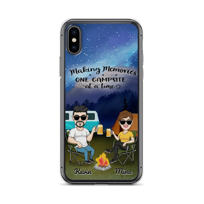 Custom Personalized Night Camping Phone Case - Couple With Up to 3 Dogs - Gift For Couple/ Camping Lover - Making Memories One Campsite At A Time - Case For iPhone And Samsung