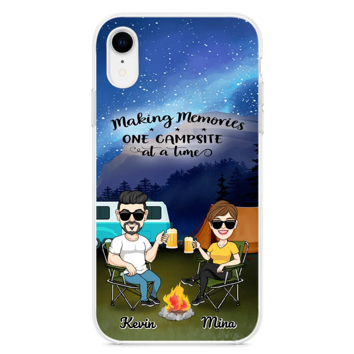 Custom Personalized Night Camping Phone Case - Couple With Up to 3 Dogs - Gift For Couple/ Camping Lover - Making Memories One Campsite At A Time - Case For iPhone And Samsung