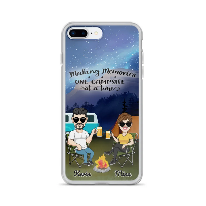 Custom Personalized Night Camping Phone Case - Couple With Up to 3 Dogs - Gift For Couple/ Camping Lover - Making Memories One Campsite At A Time - Case For iPhone And Samsung