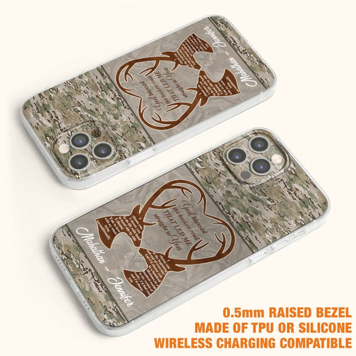 Custom Personalized Deer Hunting Heart Phone Case - Gift Idea For Couple - God Blessed The Broken Road That Led Me Straight To You - Case For iPhone And Samsung