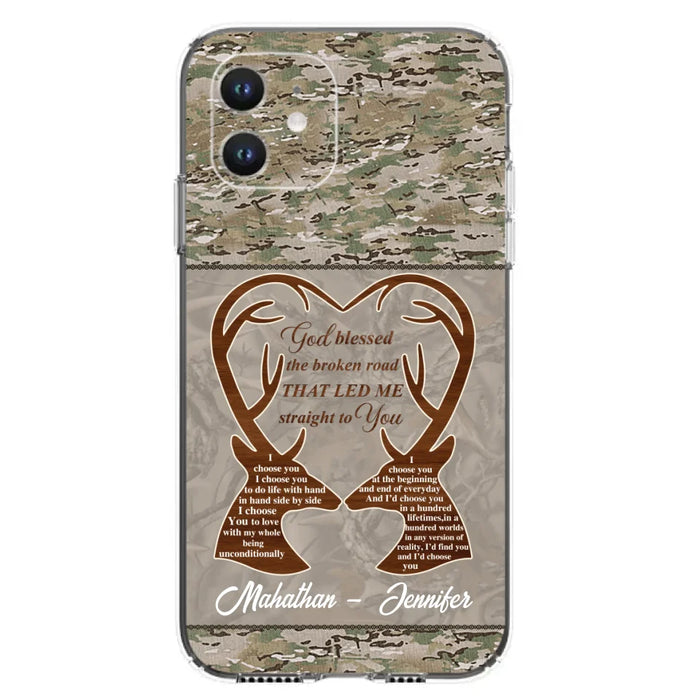 Custom Personalized Deer Hunting Heart Phone Case - Gift Idea For Couple - God Blessed The Broken Road That Led Me Straight To You - Case For iPhone And Samsung