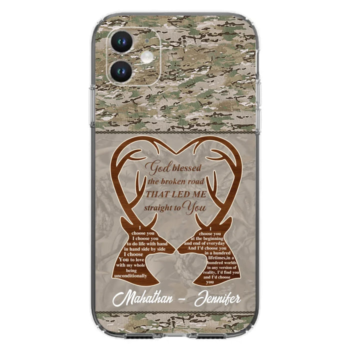 Custom Personalized Deer Hunting Heart Phone Case - Gift Idea For Couple - God Blessed The Broken Road That Led Me Straight To You - Case For iPhone And Samsung