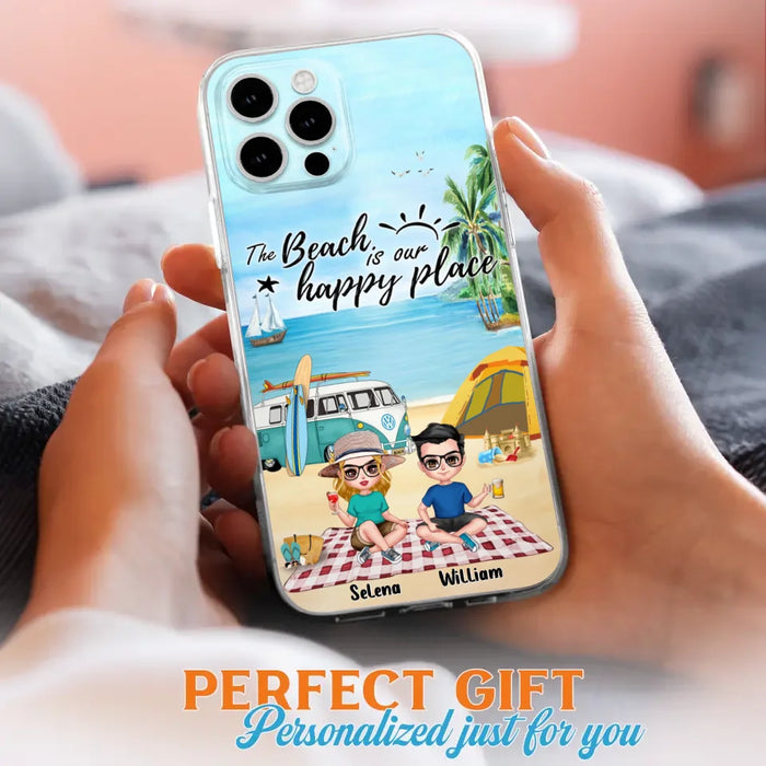 Custom Personalized Summer Beach Picnic Camping Phone Case - Upto 5 People - Gift Idea For Camping Couple/ Friends - The Beach Is Our Happy Place - Case For iPhone And Samsung