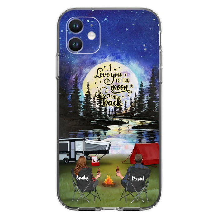 Custom Personalized Camping Moon Phone Case - Couple/ Parents With Upto 3 Kids And 4 Pets - Gift Idea For Camping Lover - I Love You To The Moon And Back - Case For iPhone And Samsung