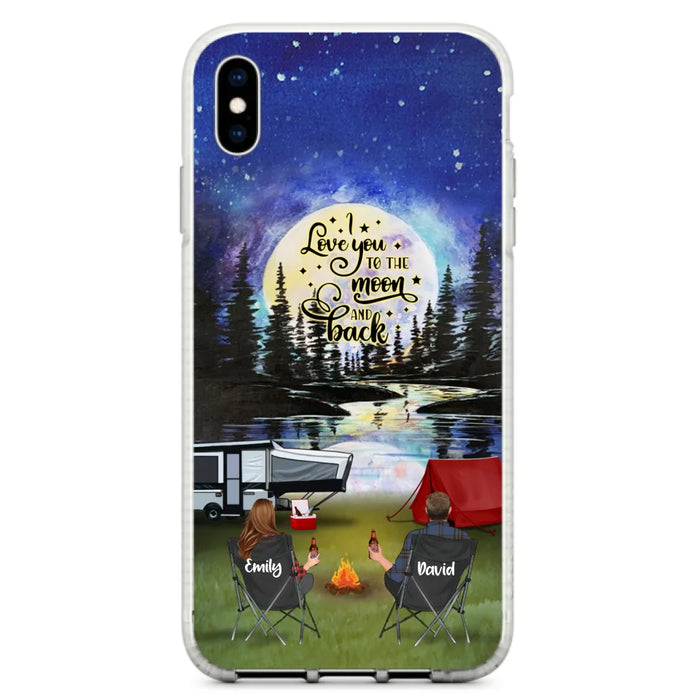 Custom Personalized Camping Moon Phone Case - Couple/ Parents With Upto 3 Kids And 4 Pets - Gift Idea For Camping Lover - I Love You To The Moon And Back - Case For iPhone And Samsung