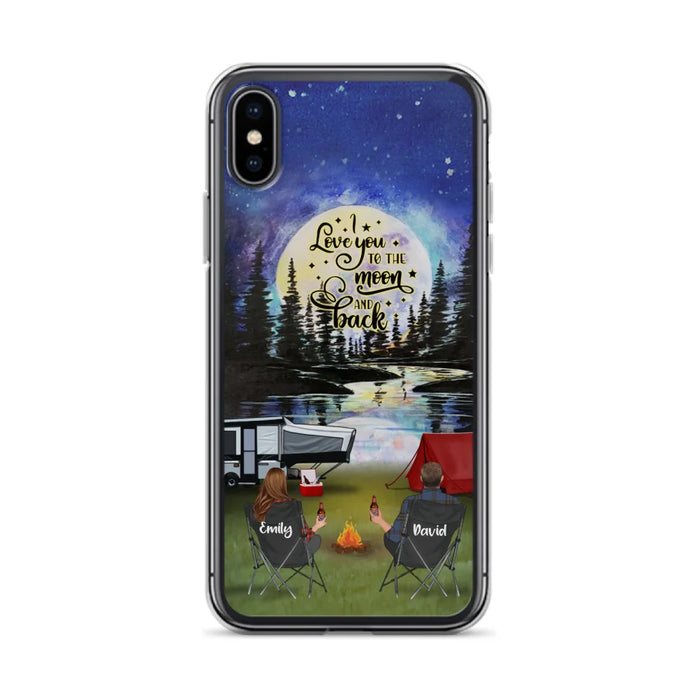 Custom Personalized Camping Moon Phone Case - Couple/ Parents With Upto 3 Kids And 4 Pets - Gift Idea For Camping Lover - I Love You To The Moon And Back - Case For iPhone And Samsung