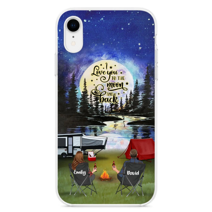 Custom Personalized Camping Moon Phone Case - Couple/ Parents With Upto 3 Kids And 4 Pets - Gift Idea For Camping Lover - I Love You To The Moon And Back - Case For iPhone And Samsung