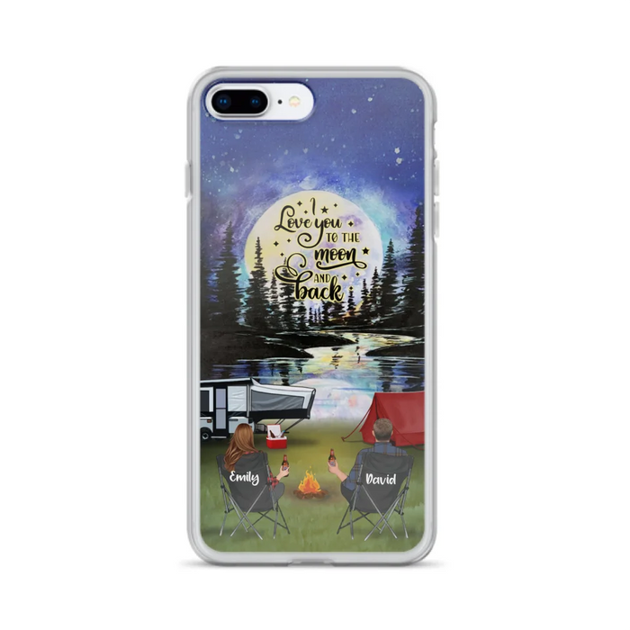 Custom Personalized Camping Moon Phone Case - Couple/ Parents With Upto 3 Kids And 4 Pets - Gift Idea For Camping Lover - I Love You To The Moon And Back - Case For iPhone And Samsung