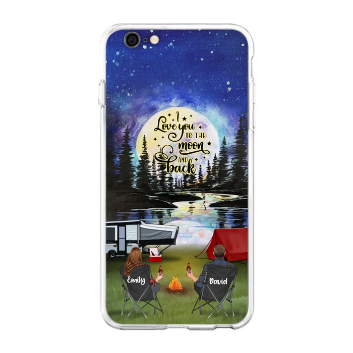 Custom Personalized Camping Moon Phone Case - Couple/ Parents With Upto 3 Kids And 4 Pets - Gift Idea For Camping Lover - I Love You To The Moon And Back - Case For iPhone And Samsung