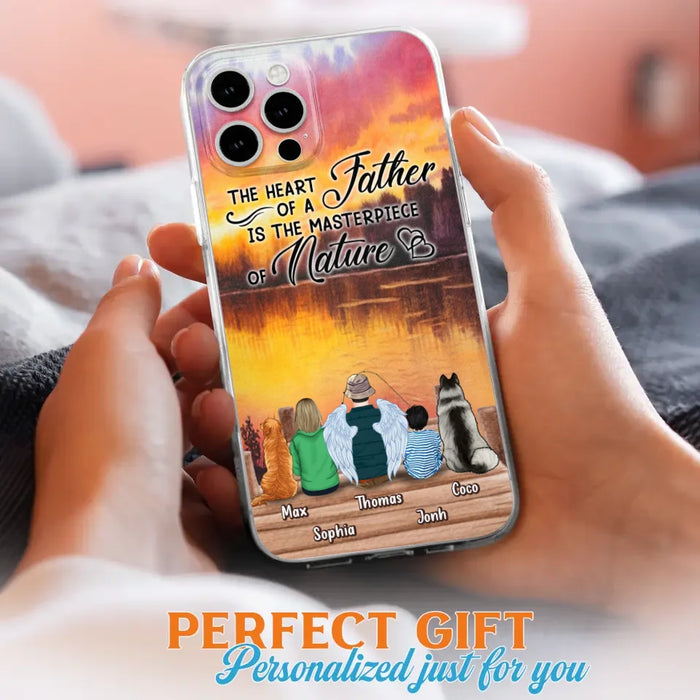 Custom Personalized Father Fishing Phone Case - Father With Up to 2 Kids And 2 Pets - Gift Idea For Father/ Fishing Lover - The Heart Of A Father Is The Masterpiece Of Nature - Case For iPhone And Samsung