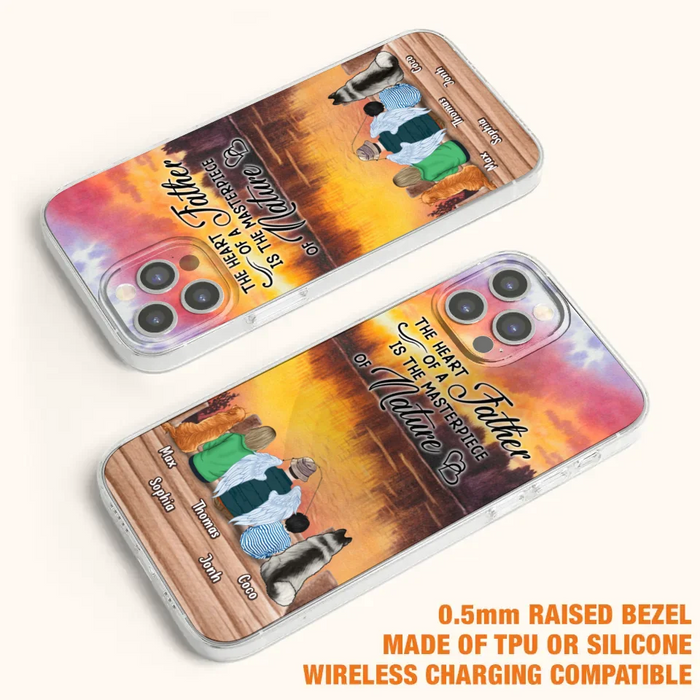 Custom Personalized Father Fishing Phone Case - Father With Up to 2 Kids And 2 Pets - Gift Idea For Father/ Fishing Lover - The Heart Of A Father Is The Masterpiece Of Nature - Case For iPhone And Samsung