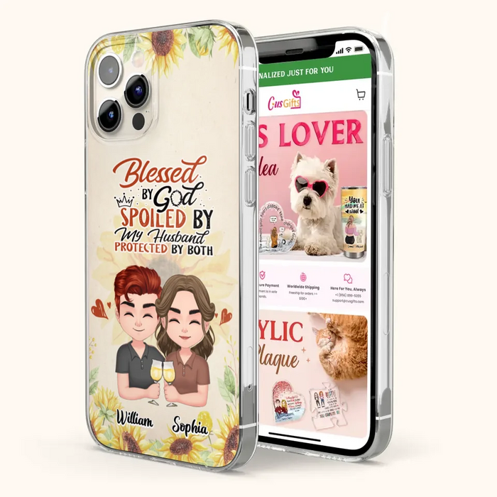 Custom Personalized Chibi Couple Phone Case - Gift Idea For Couple - Blessed By God, Spoiled By My Husband, Protected By Both - Case For iPhone & Samsung