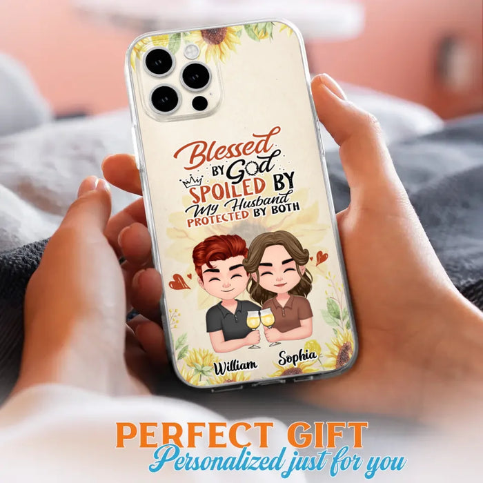 Custom Personalized Chibi Couple Phone Case - Gift Idea For Couple - Blessed By God, Spoiled By My Husband, Protected By Both - Case For iPhone & Samsung