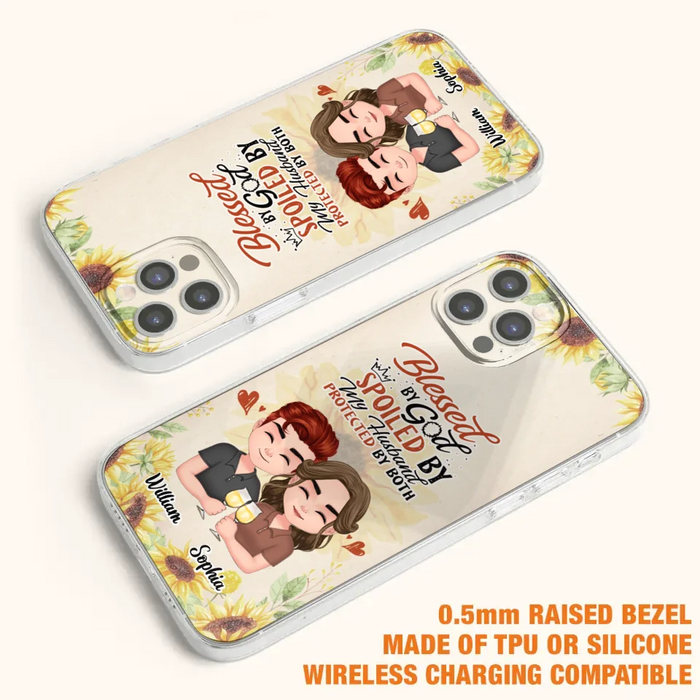 Custom Personalized Chibi Couple Phone Case - Gift Idea For Couple - Blessed By God, Spoiled By My Husband, Protected By Both - Case For iPhone & Samsung