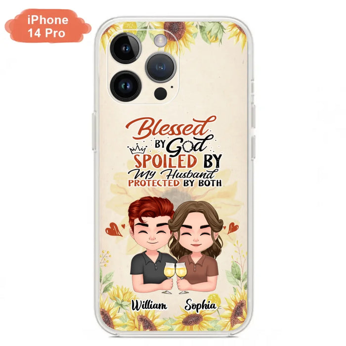 Custom Personalized Chibi Couple Phone Case - Gift Idea For Couple - Blessed By God, Spoiled By My Husband, Protected By Both - Case For iPhone & Samsung