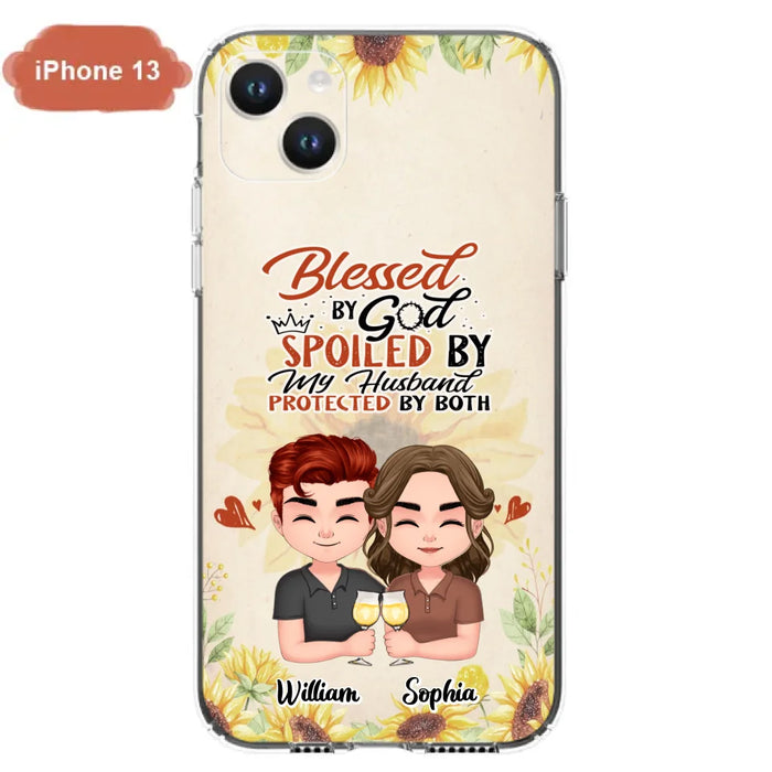 Custom Personalized Chibi Couple Phone Case - Gift Idea For Couple - Blessed By God, Spoiled By My Husband, Protected By Both - Case For iPhone & Samsung