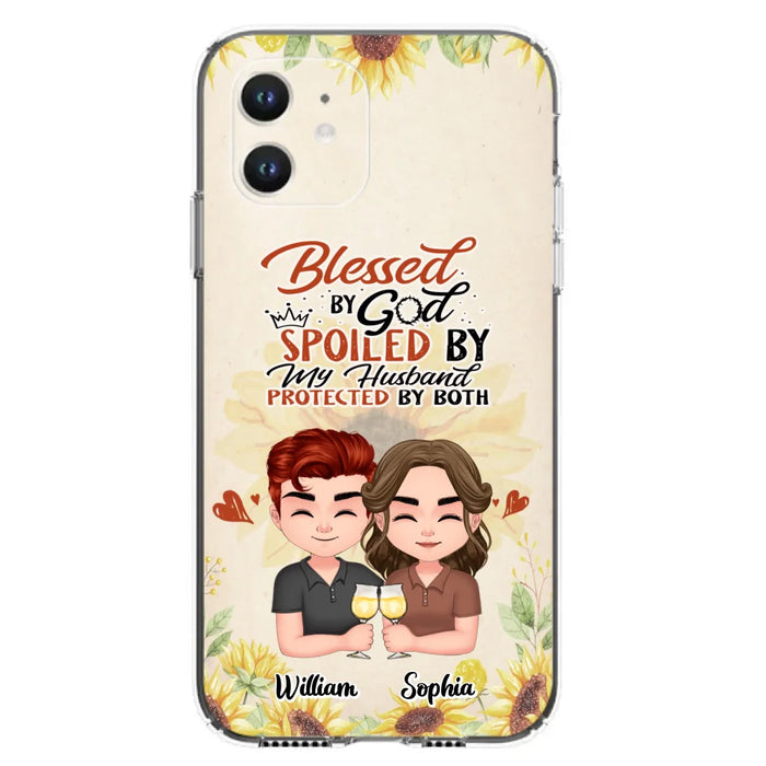 Custom Personalized Chibi Couple Phone Case - Gift Idea For Couple - Blessed By God, Spoiled By My Husband, Protected By Both - Case For iPhone & Samsung