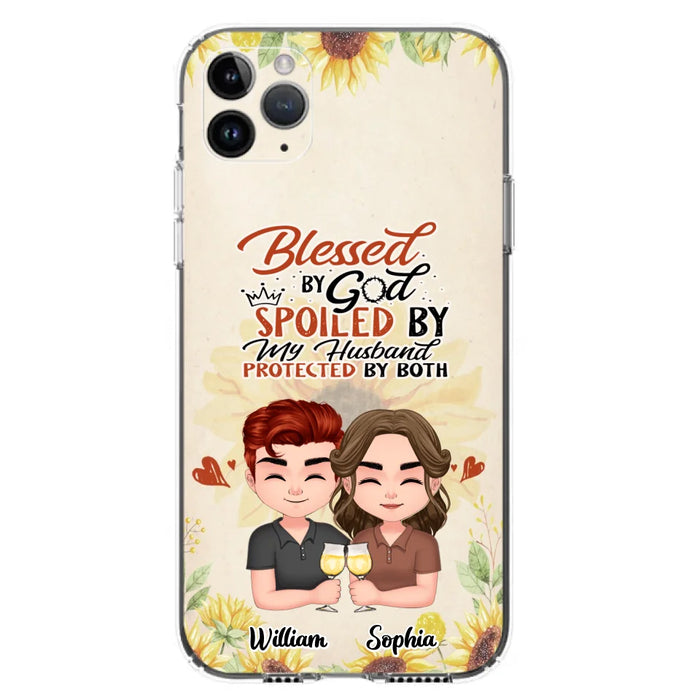 Custom Personalized Chibi Couple Phone Case - Gift Idea For Couple - Blessed By God, Spoiled By My Husband, Protected By Both - Case For iPhone & Samsung